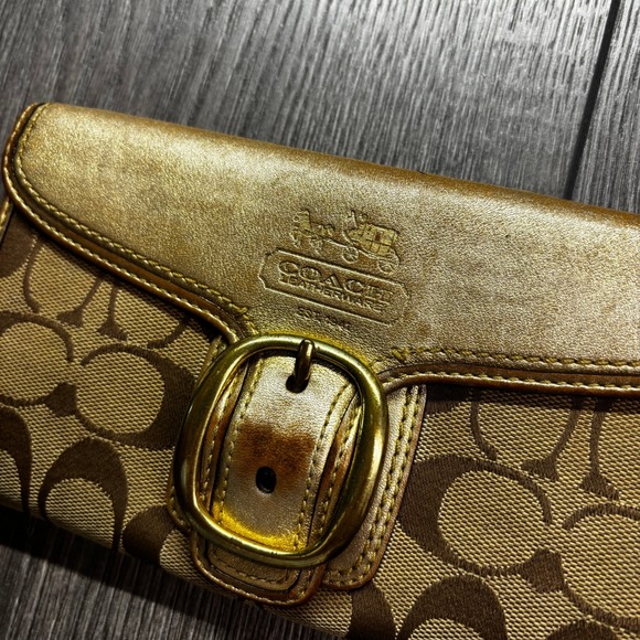Coach Signature C Metallic Gold Leather Buckle Slim Tri-Fold Long Wallet - Picture 2 of 7